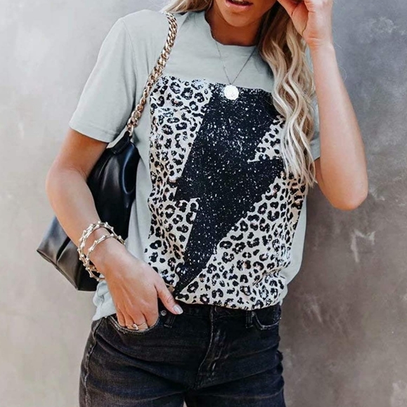 Tops - Blue Leopard Cheetah Print Lightning Bolt Cute Chic Comfy Graphic T-Shirt Tee
